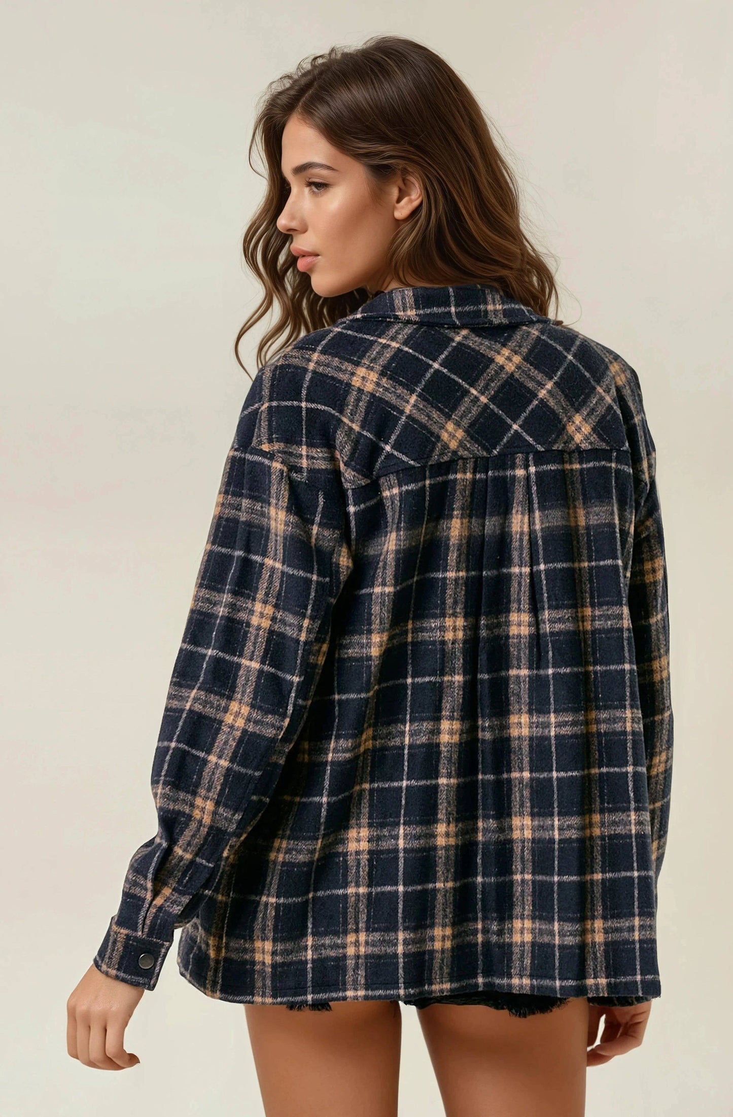 BRUSHED PLAID OVERSIZED ZIP UP SHIRT JACKET - BLACK