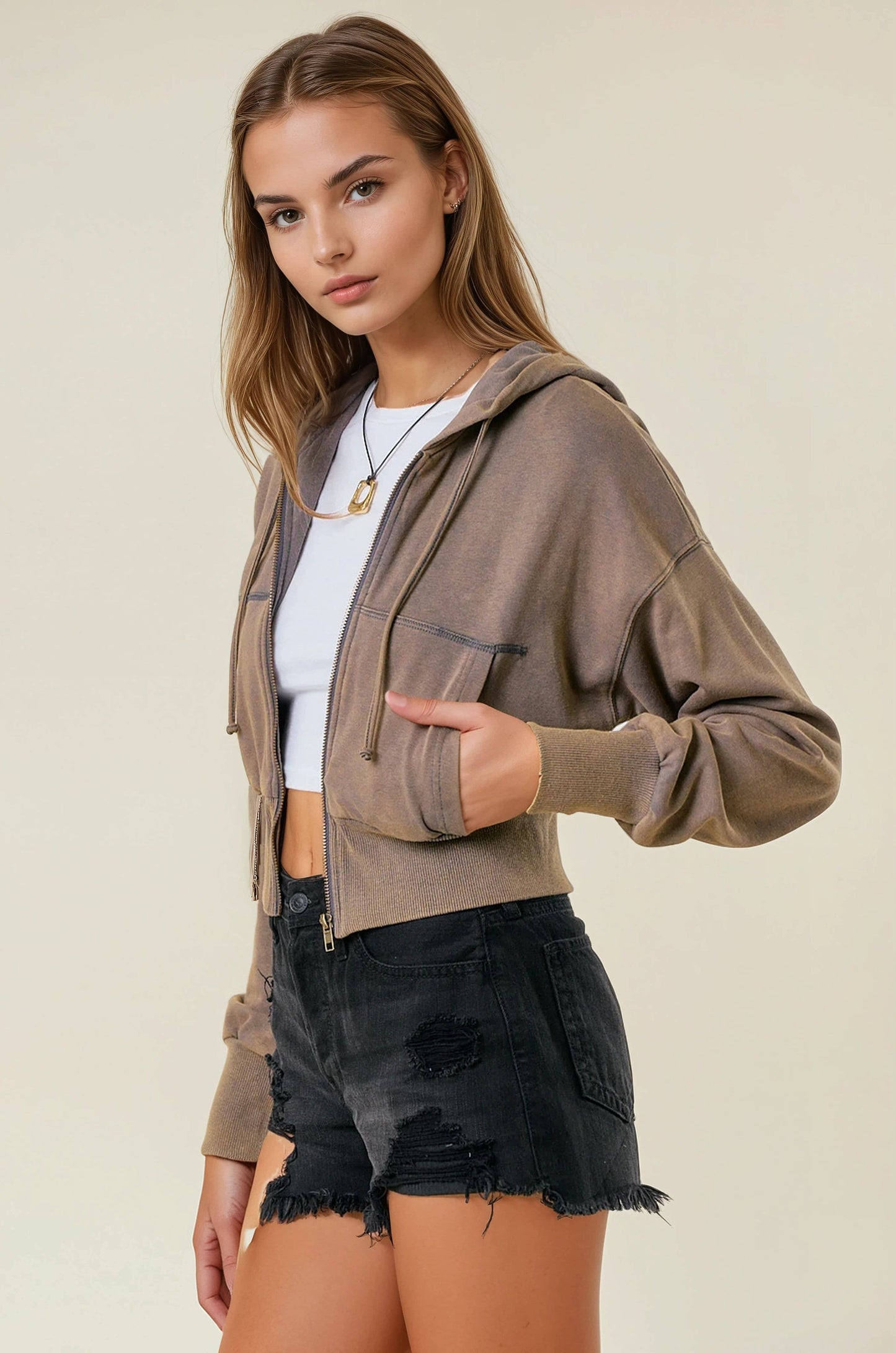 Vintage Washed Zip-Up Hoodie With Front Pockets - OLIVE