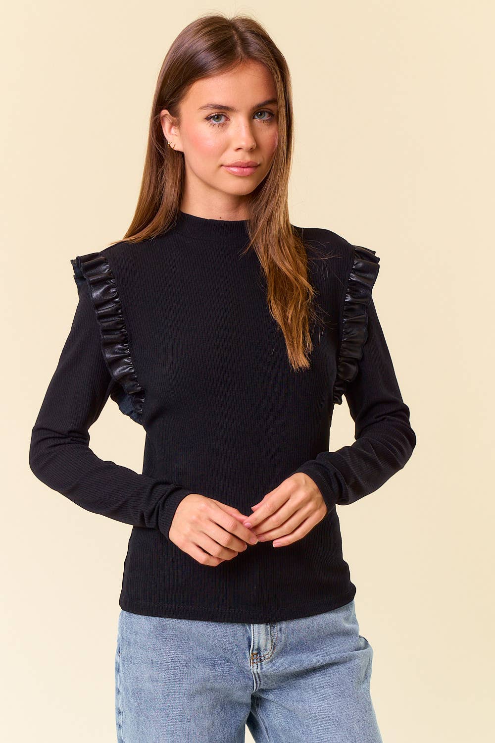 Mock Neck PU Ruffled Long Sleeve Top - Black