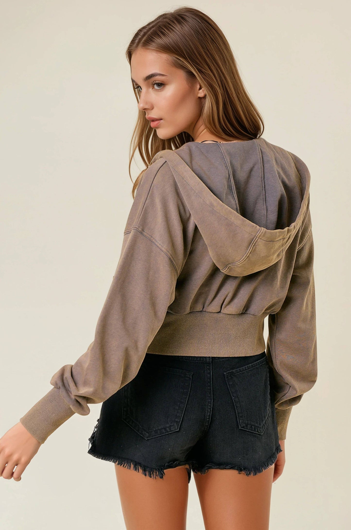 Vintage Washed Zip-Up Hoodie With Front Pockets - OLIVE