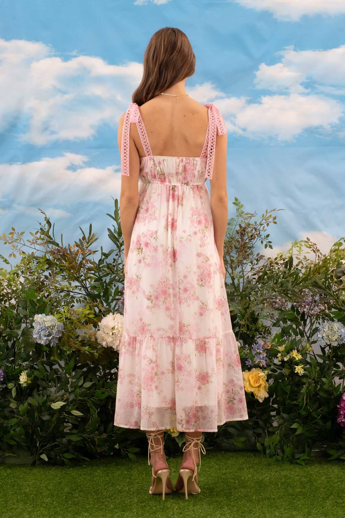 FLORAL CROCHET LACE STRAP MAXI DRESS: PINK MULTI