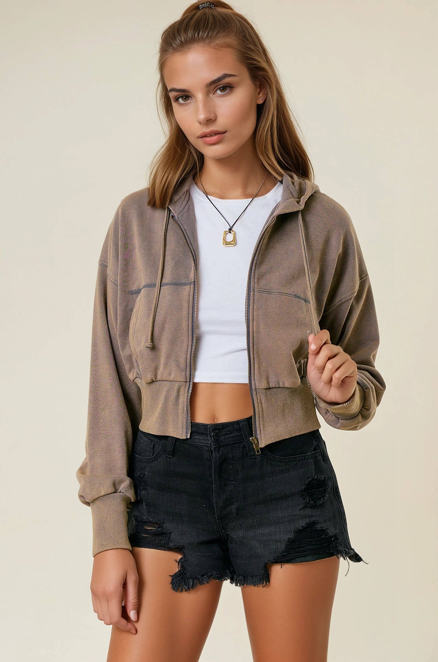 Vintage Washed Zip-Up Hoodie With Front Pockets - OLIVE