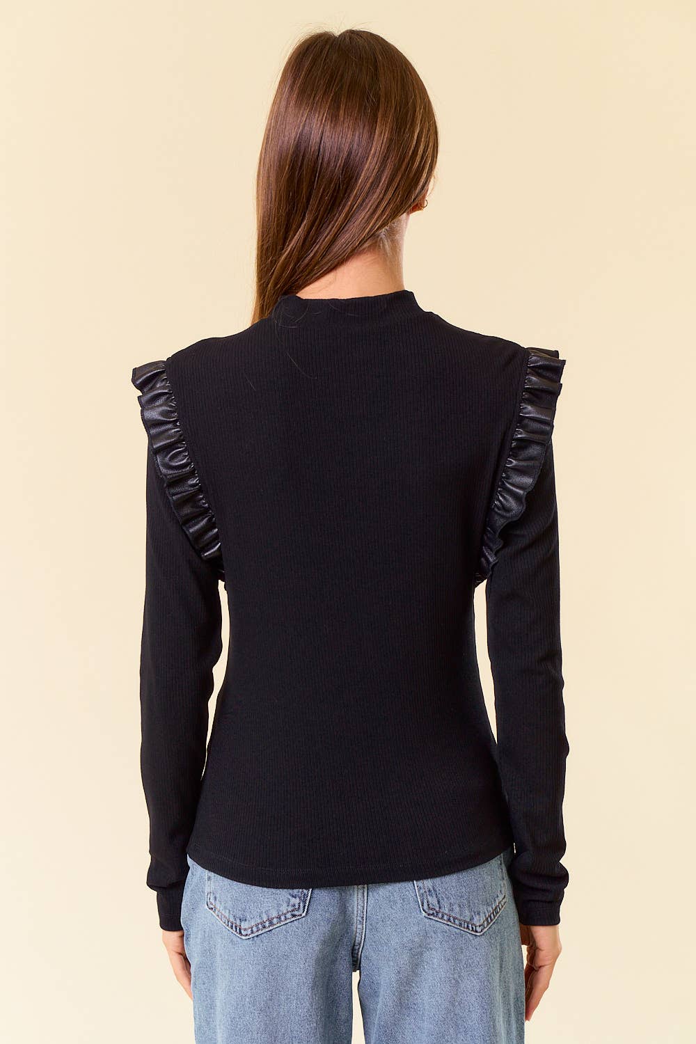 Mock Neck PU Ruffled Long Sleeve Top - Black