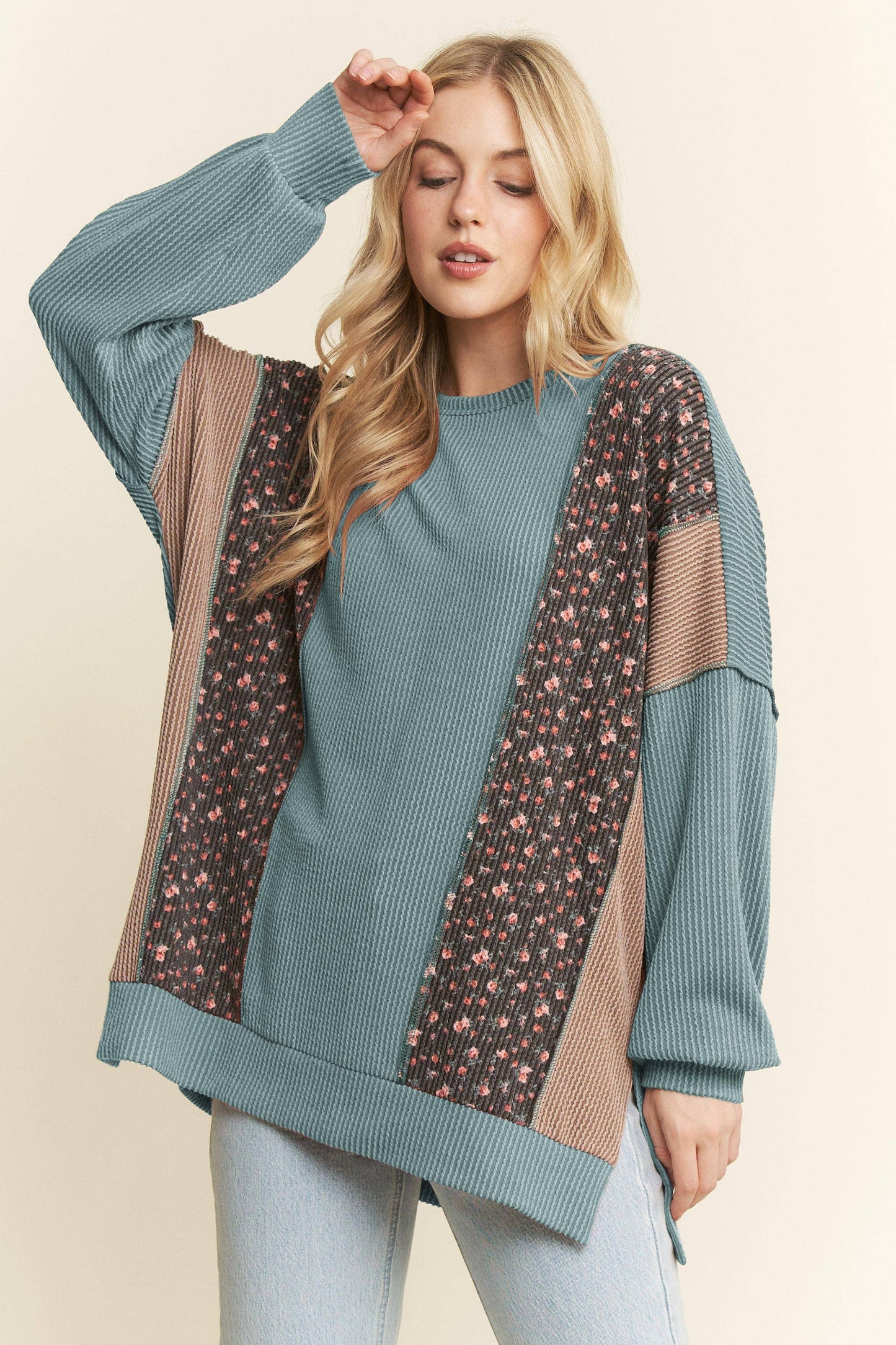 SOLID AND FLORAL URBAN RIB CONTRAST TOP: OLIVE VINTAGE