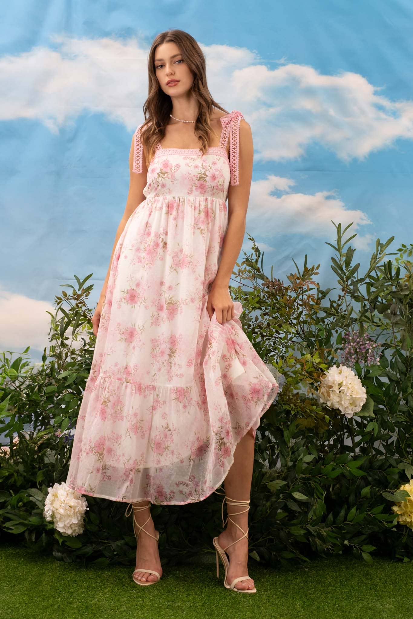 FLORAL CROCHET LACE STRAP MAXI DRESS: PINK MULTI