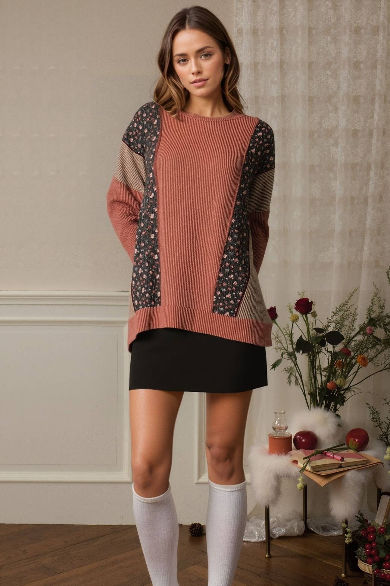SOLID AND FLORAL URBAN RIB CONTRAST TOP: OLIVE VINTAGE