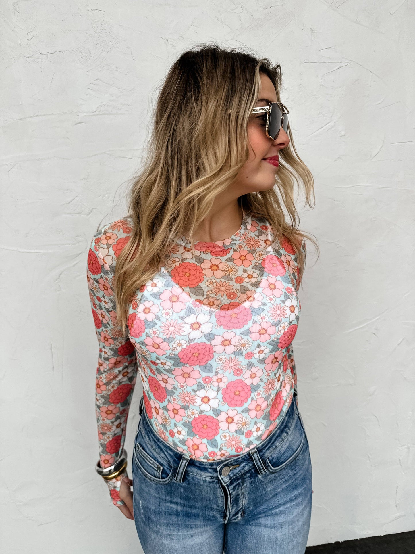VINTAGE FLORAL MESH TOPS: PINK