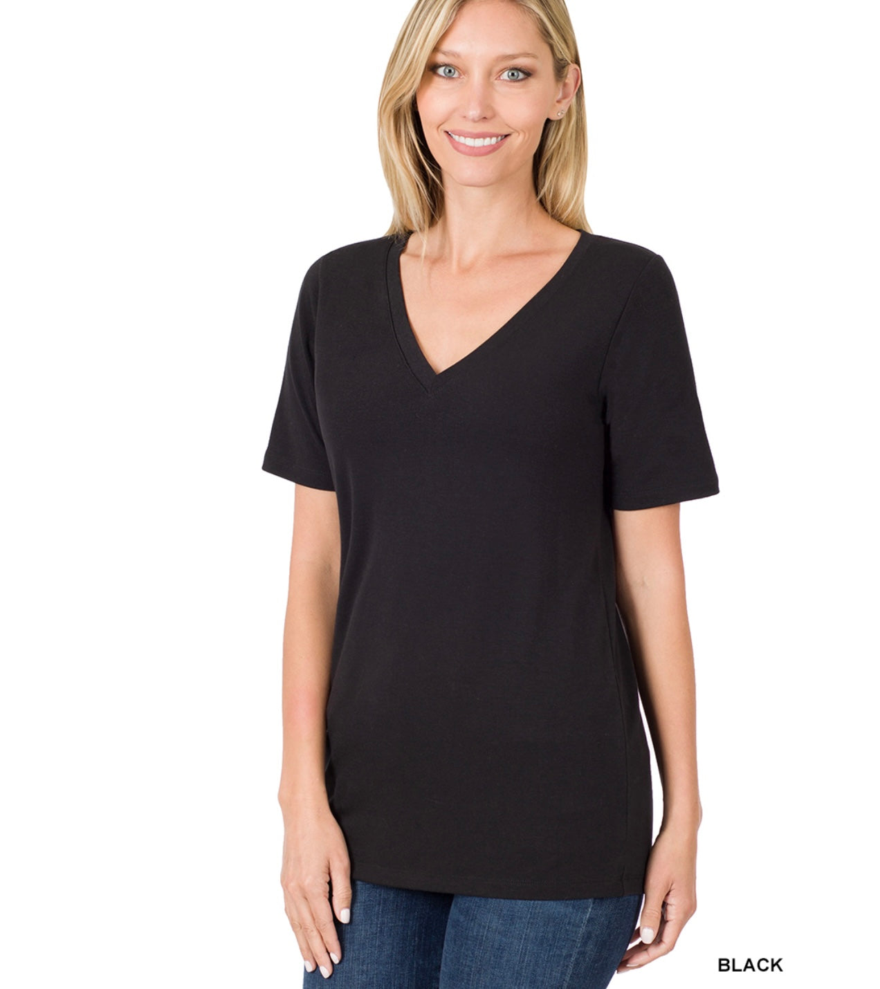 Short Sleeve V-Neck Round Hem Top - Black