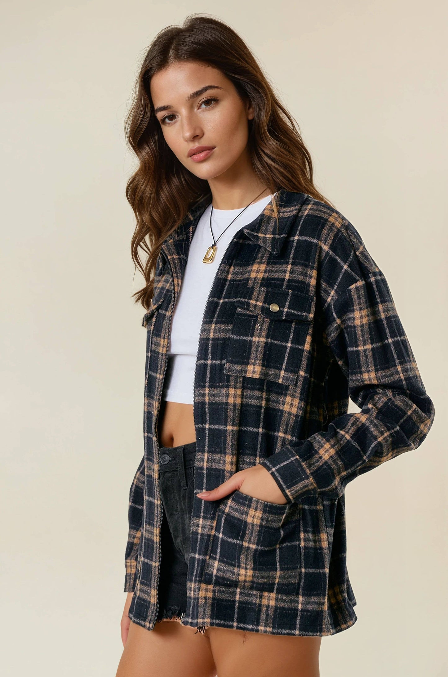 BRUSHED PLAID OVERSIZED ZIP UP SHIRT JACKET - BLACK