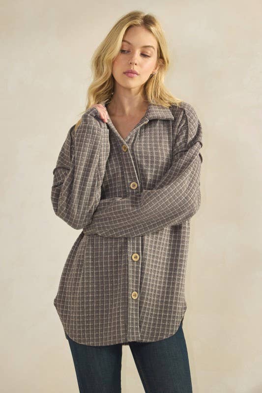 BASIC COLLAR PLAID SHACKET TOP: DK GREY