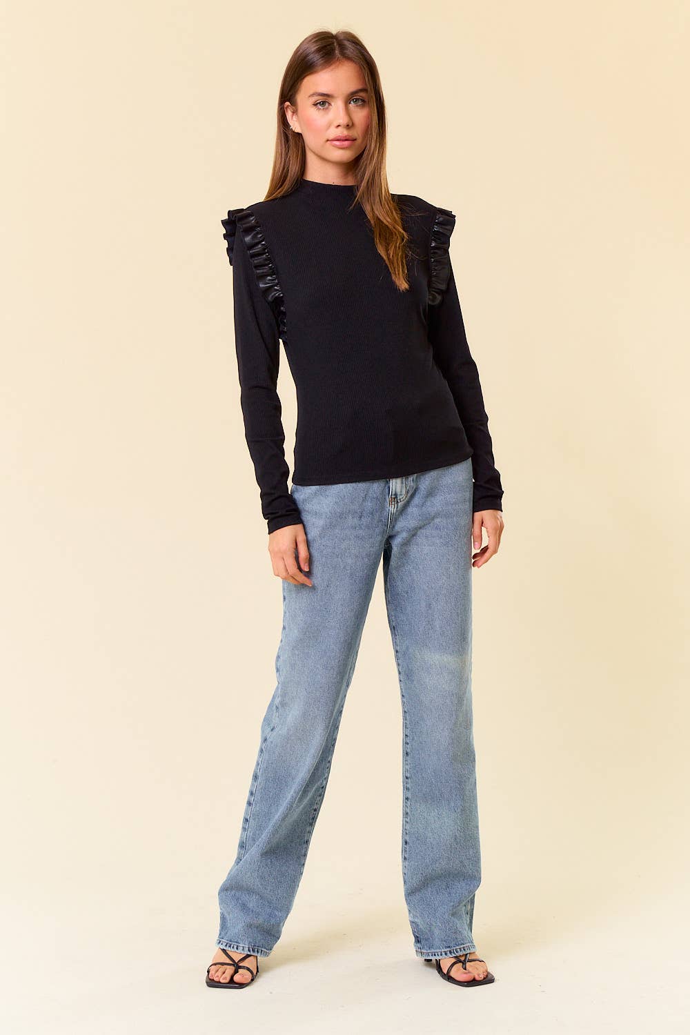 Mock Neck PU Ruffled Long Sleeve Top - Black