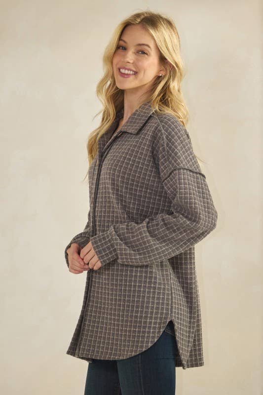 BASIC COLLAR PLAID SHACKET TOP: DK GREY