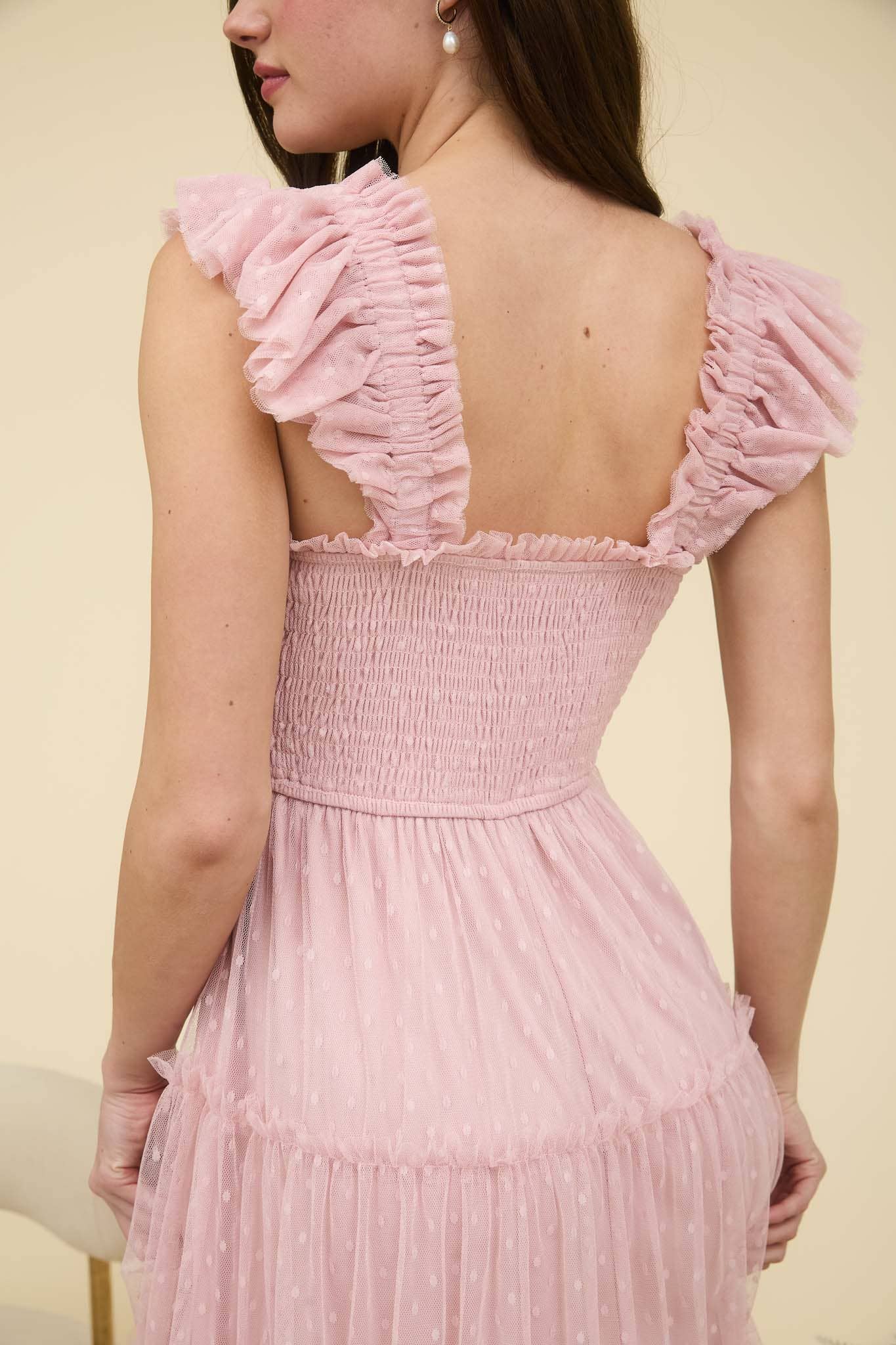 POLKA DOT CHIFFON SMOCKED TIERED MIDI DRESS: PINK