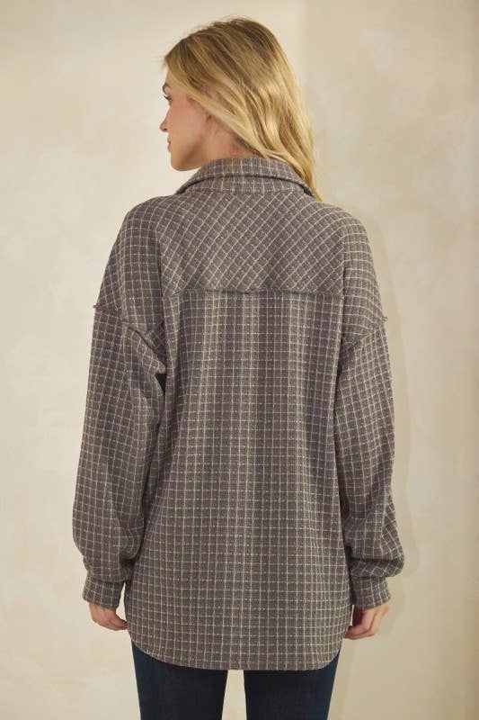 BASIC COLLAR PLAID SHACKET TOP: DK GREY