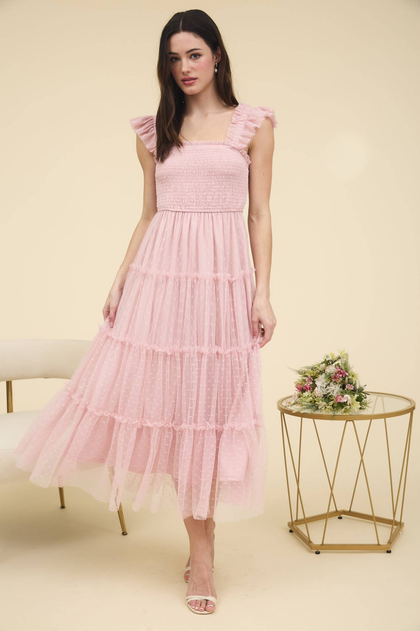 POLKA DOT CHIFFON SMOCKED TIERED MIDI DRESS: PINK