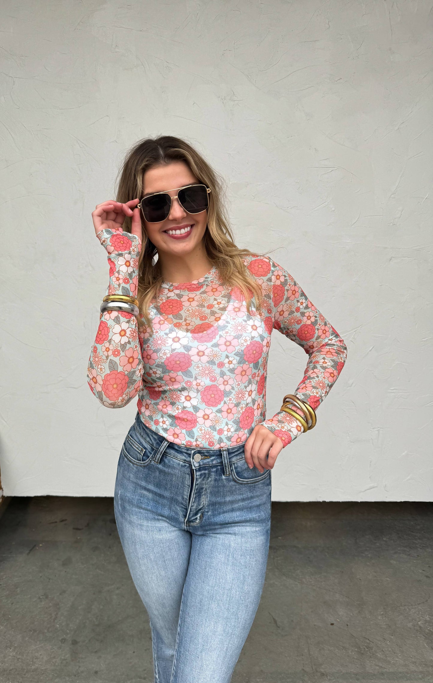 VINTAGE FLORAL MESH TOPS: PINK