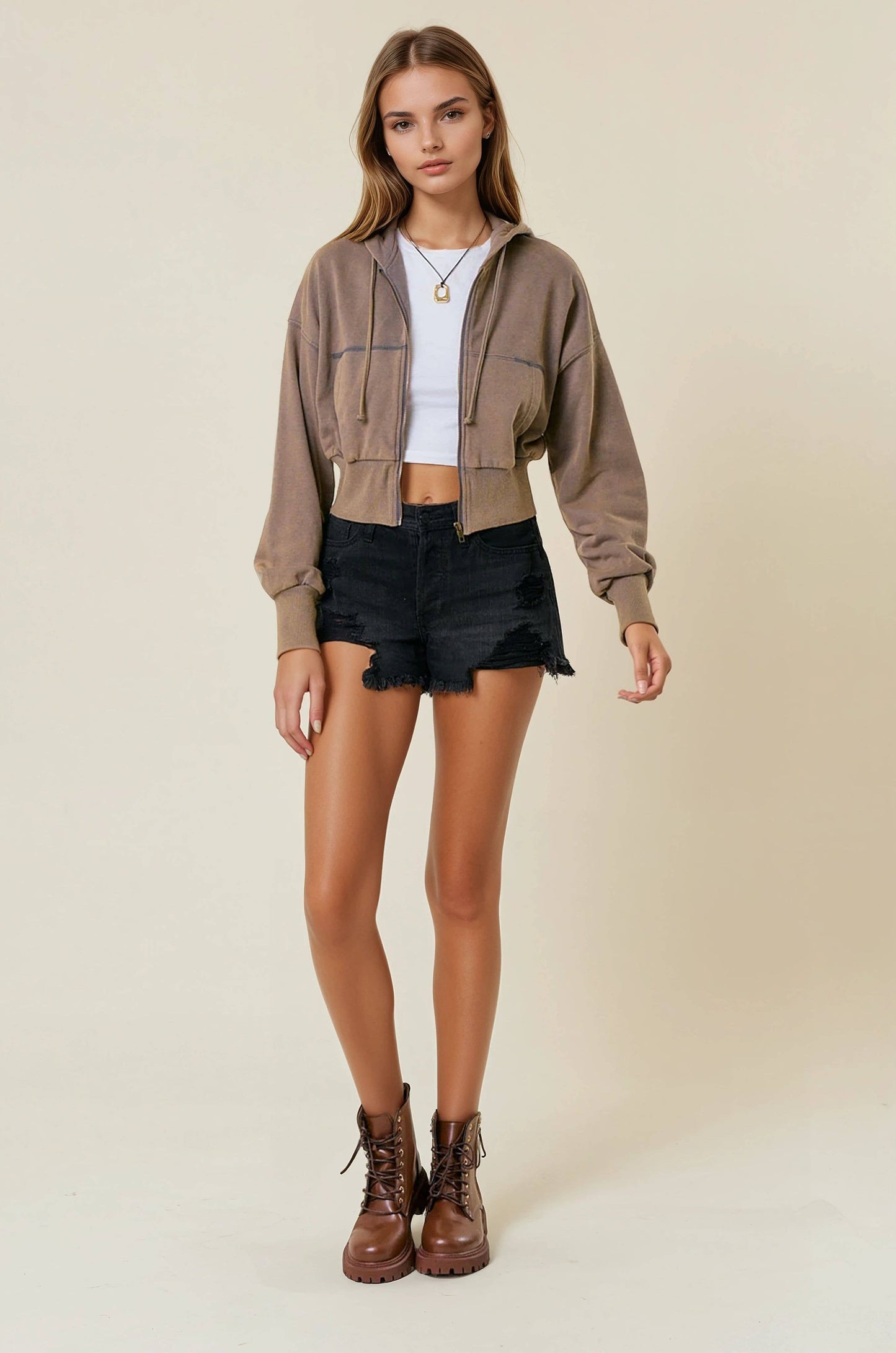 Vintage Washed Zip-Up Hoodie With Front Pockets - OLIVE