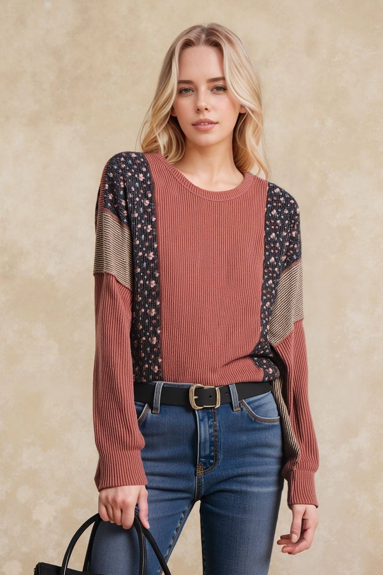 SOLID AND FLORAL URBAN RIB CONTRAST TOP: OLIVE VINTAGE
