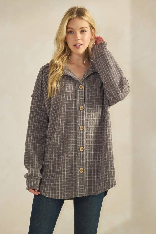 BASIC COLLAR PLAID SHACKET TOP: DK GREY