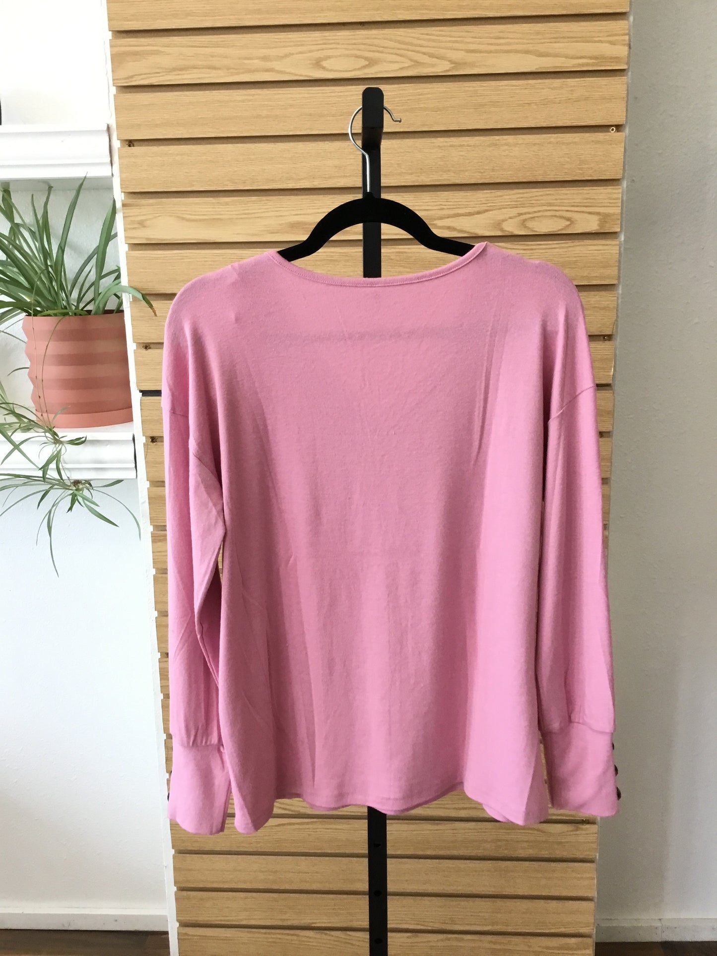 V Neck Button Detail Long Sleeve - Pink
