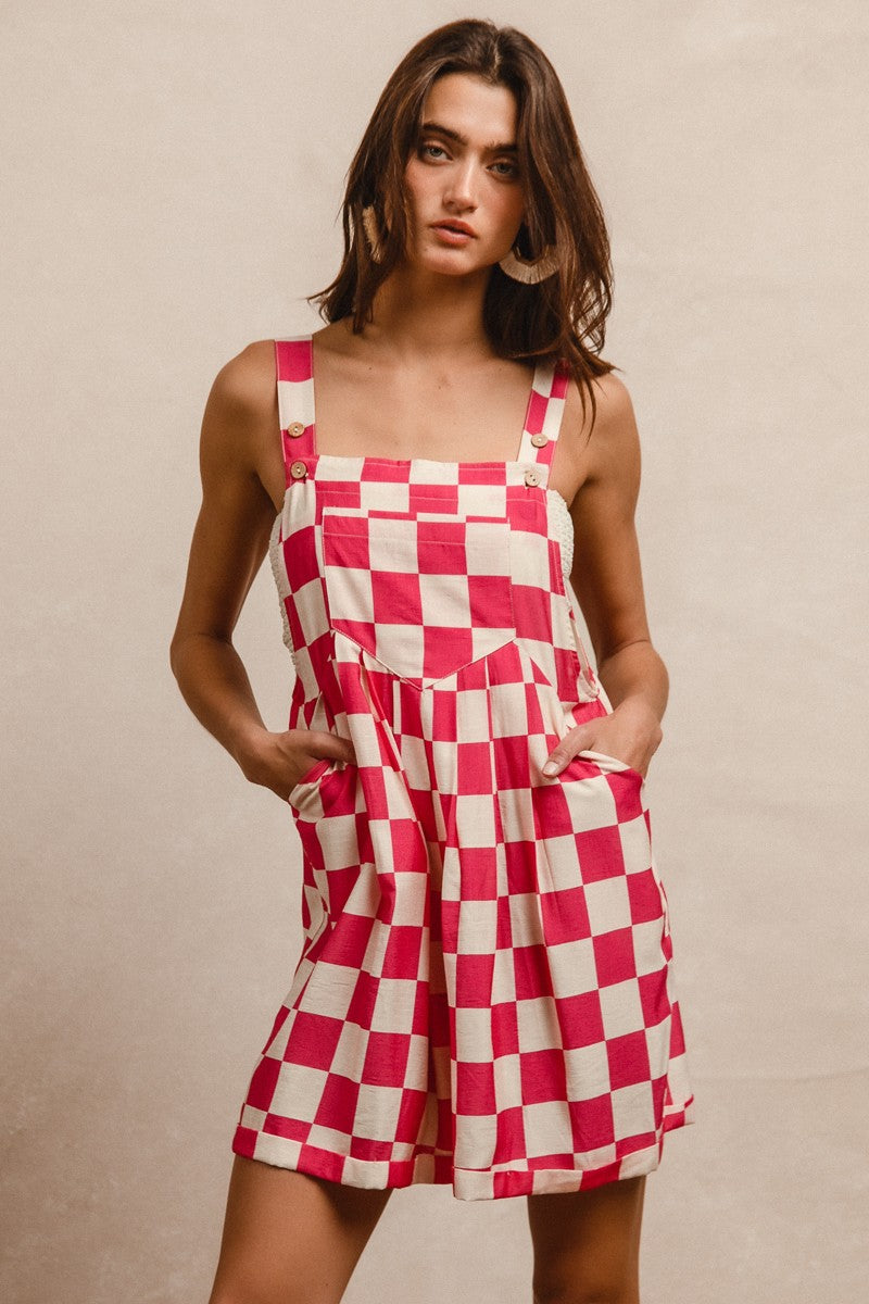 Gingham Short Overall with Pocket - Fuchsia