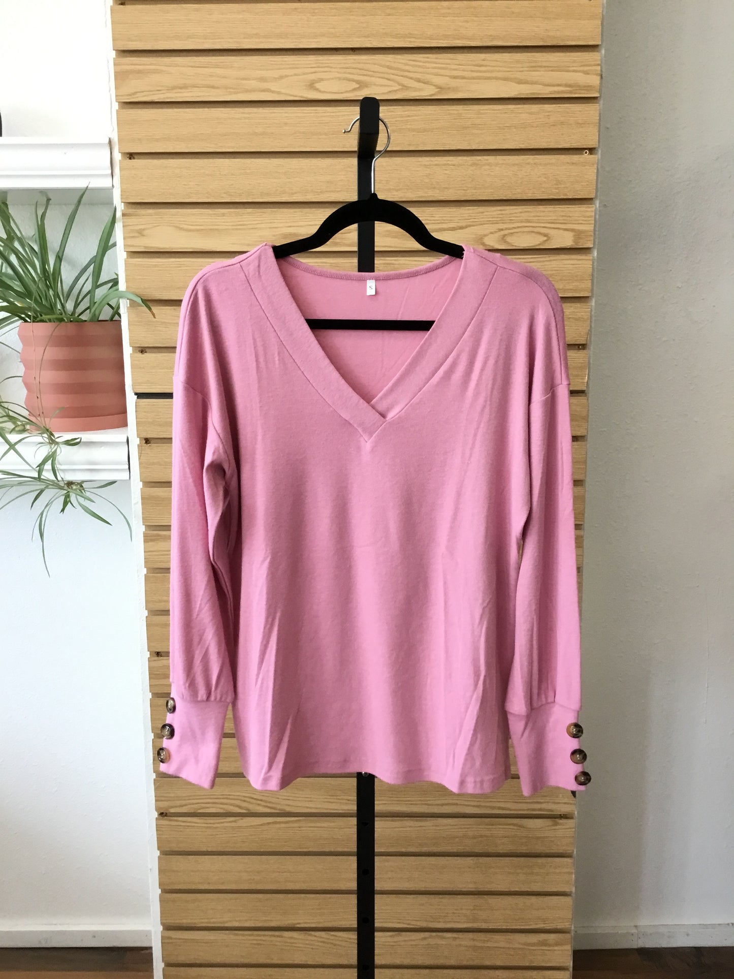 V Neck Button Detail Long Sleeve - Pink