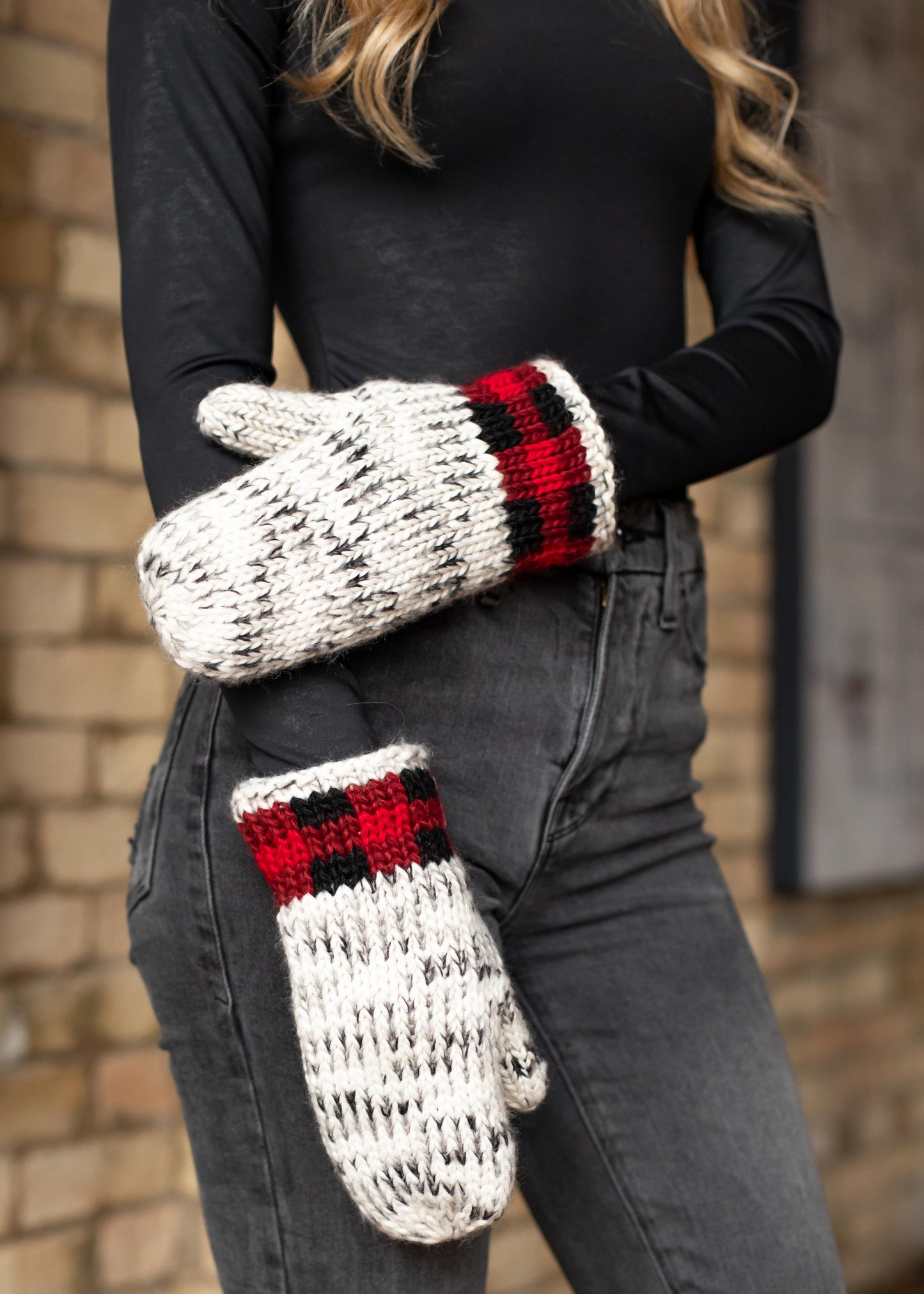 Gray Heather Mittens with Plaid Trim