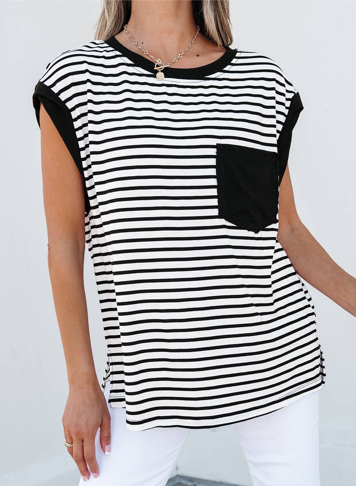 Stripe Round Neck Tank Top: Black