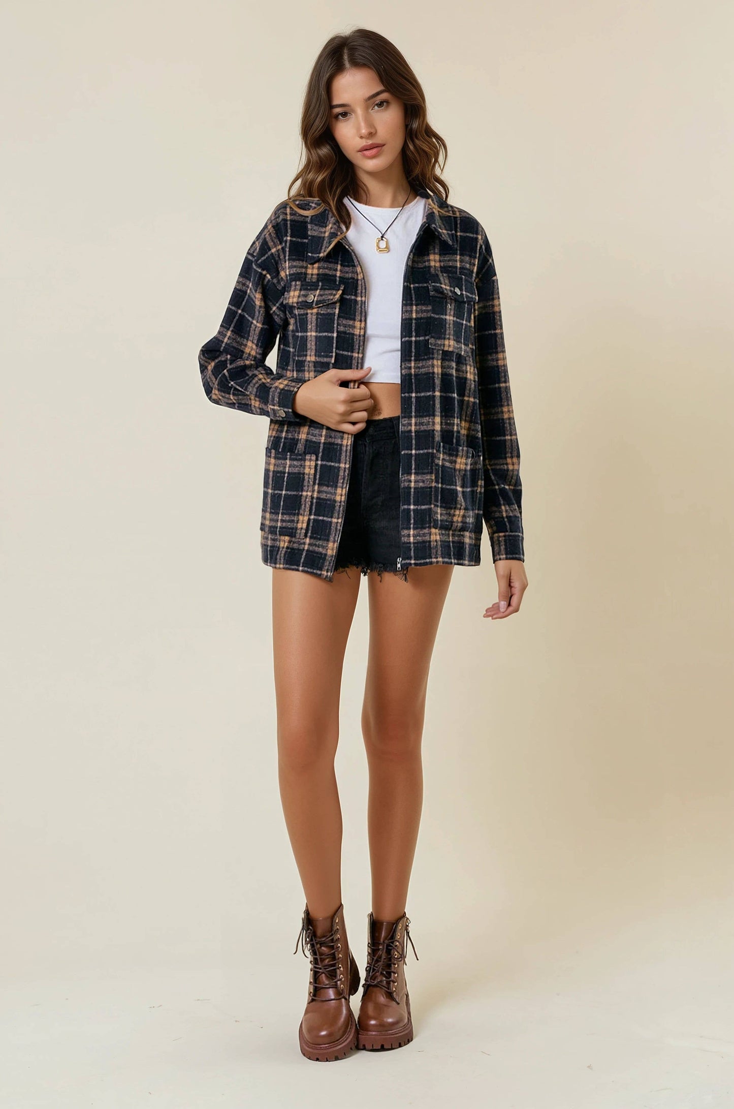 BRUSHED PLAID OVERSIZED ZIP UP SHIRT JACKET - BLACK