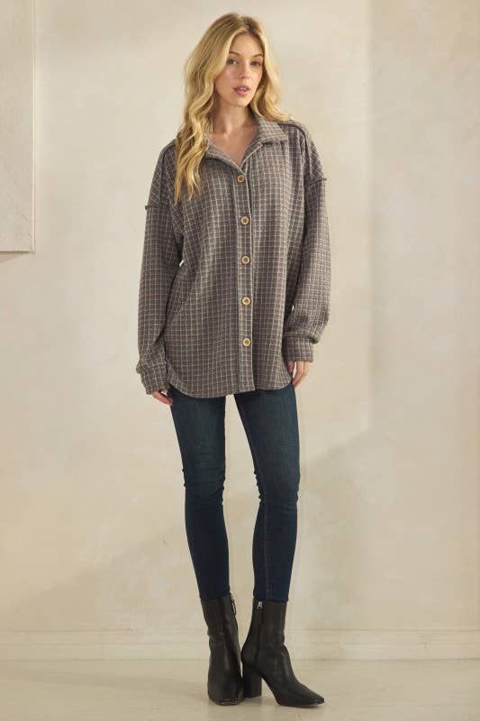 BASIC COLLAR PLAID SHACKET TOP: DK GREY
