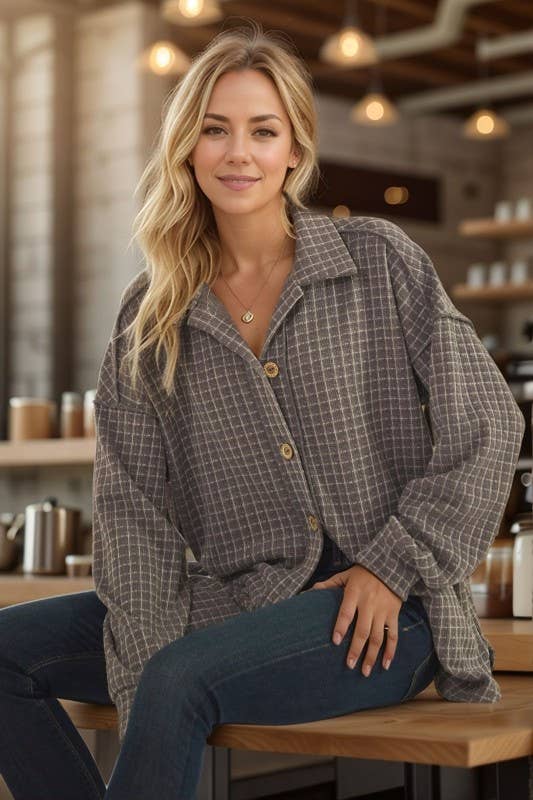 BASIC COLLAR PLAID SHACKET TOP: DK GREY