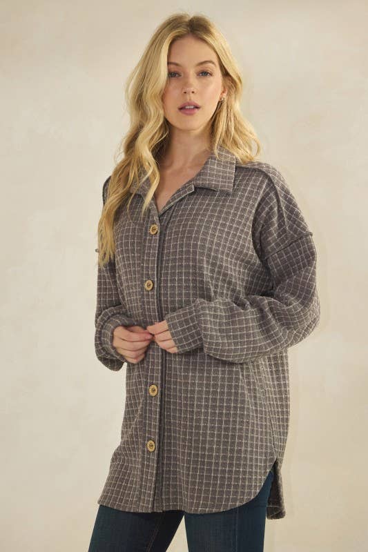 BASIC COLLAR PLAID SHACKET TOP: DK GREY
