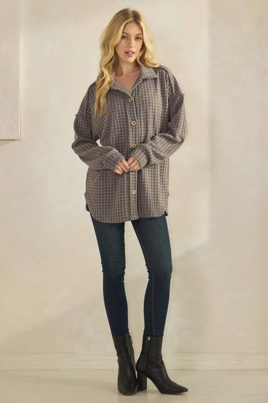 BASIC COLLAR PLAID SHACKET TOP: DK GREY