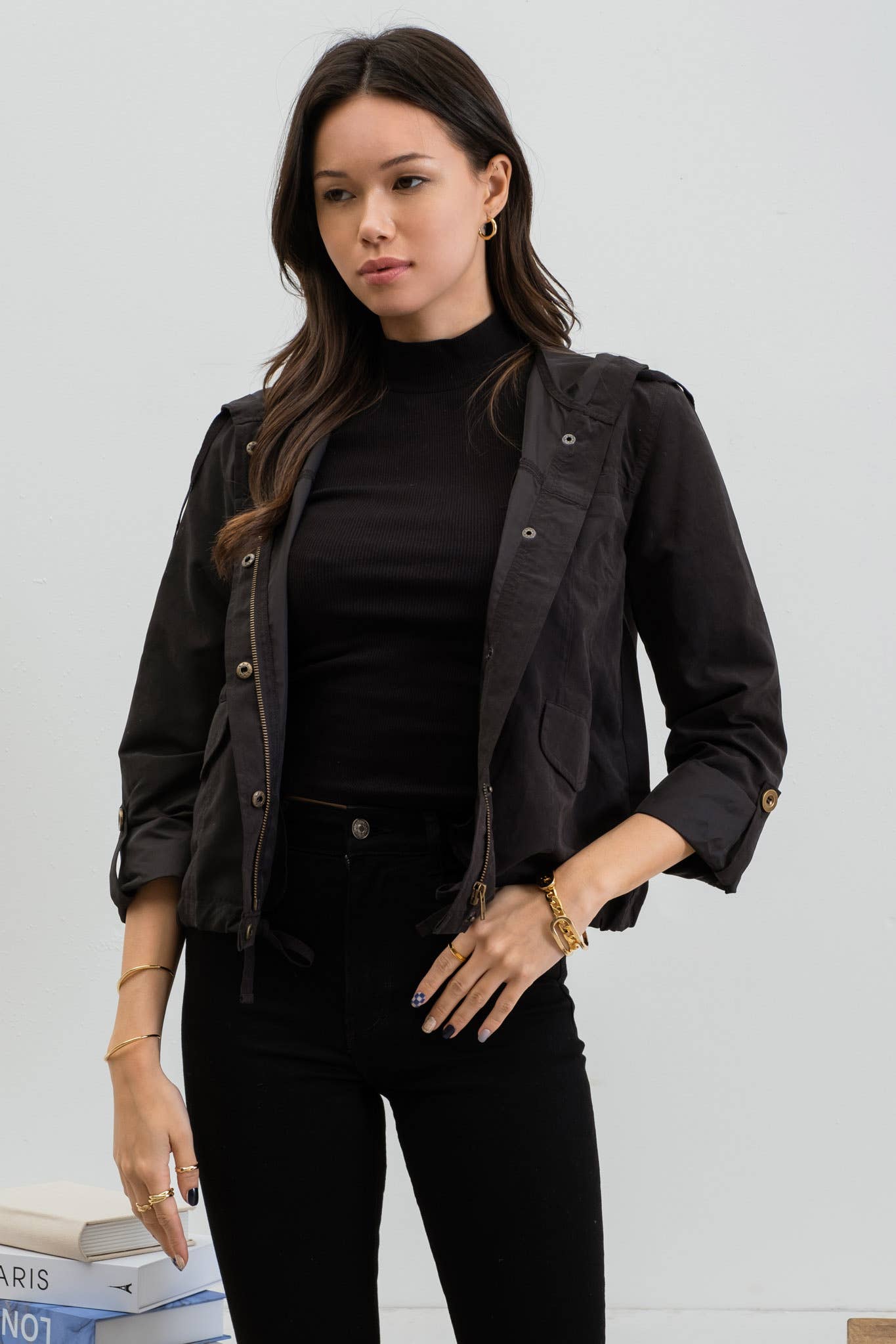 SNAP BUTTON ZIP UP HOODED JACKET: BLACK
