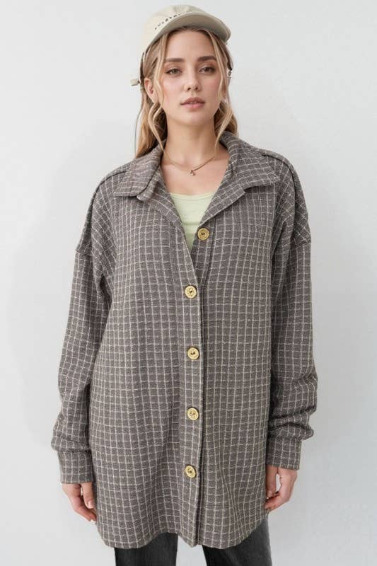 BASIC COLLAR PLAID SHACKET TOP: DK GREY