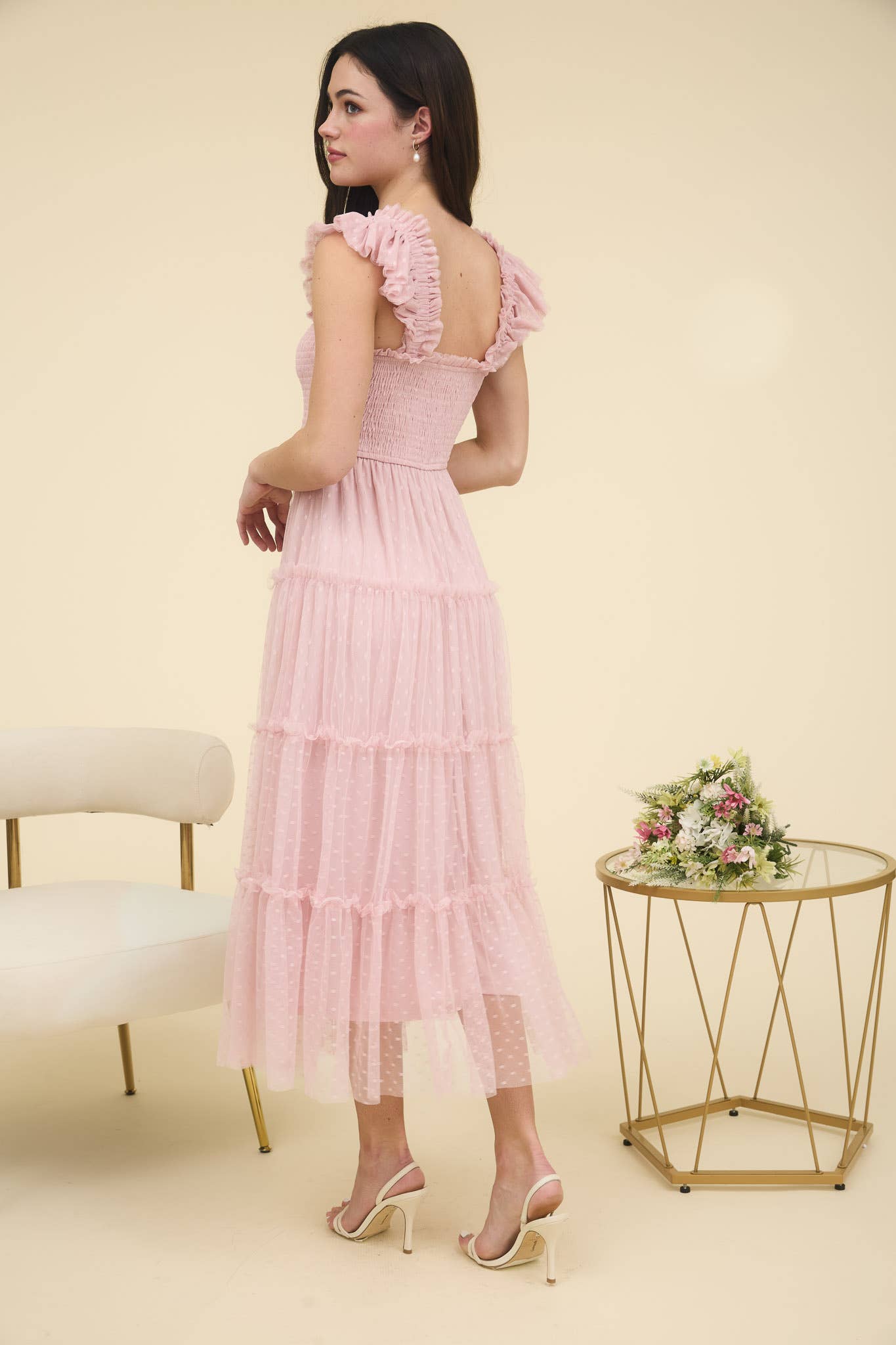 POLKA DOT CHIFFON SMOCKED TIERED MIDI DRESS: PINK