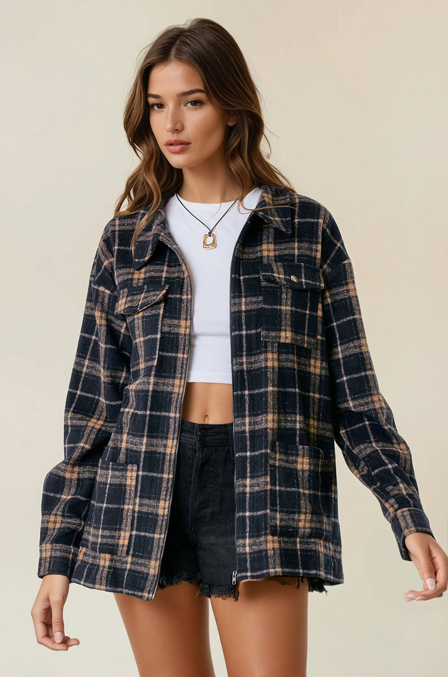 BRUSHED PLAID OVERSIZED ZIP UP SHIRT JACKET - BLACK