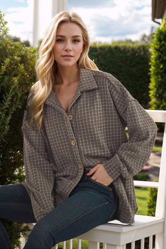BASIC COLLAR PLAID SHACKET TOP: DK GREY