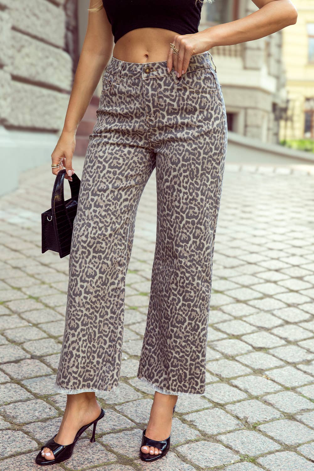 Leopard Wide Leg High Waist Jeans: Khaki