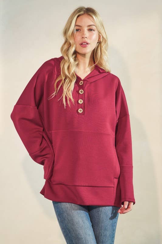 SOLID MODAL SCUBA BOTTON UP HOODIE KANGAROO: Burgundy