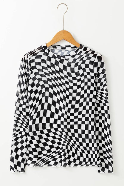 Checkered Mesh Mock Neck