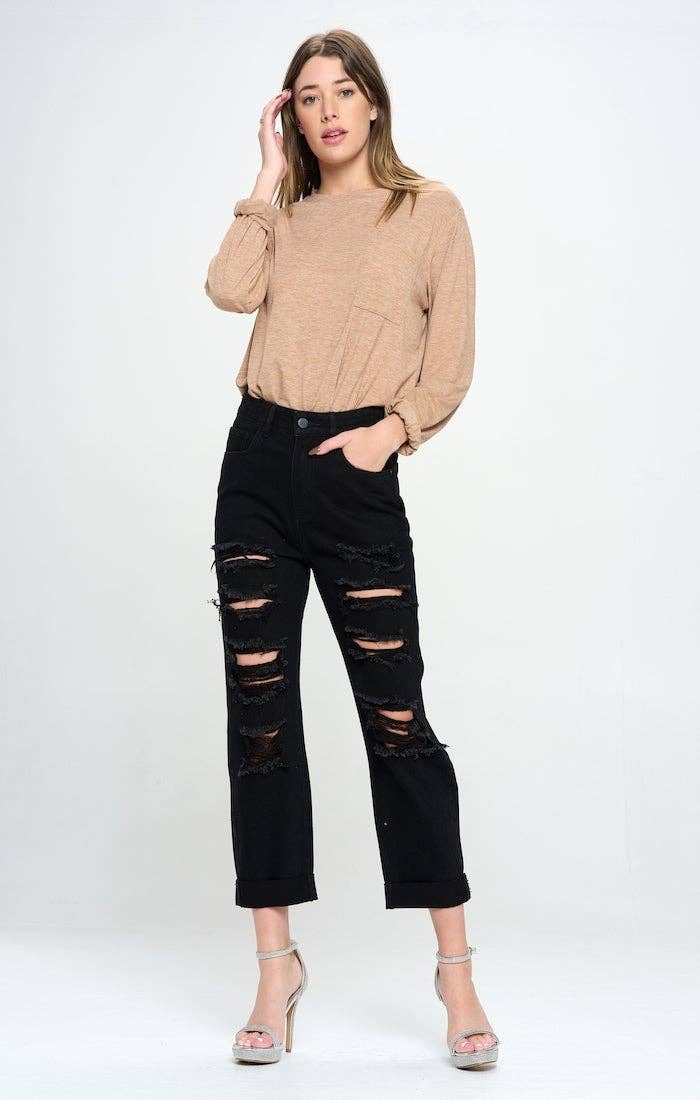 HIGH RISE RIPPED BOYFRIEND JEANS: BLACK