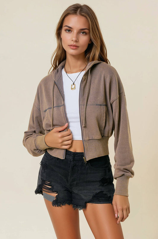 Vintage Washed Zip-Up Hoodie With Front Pockets - OLIVE