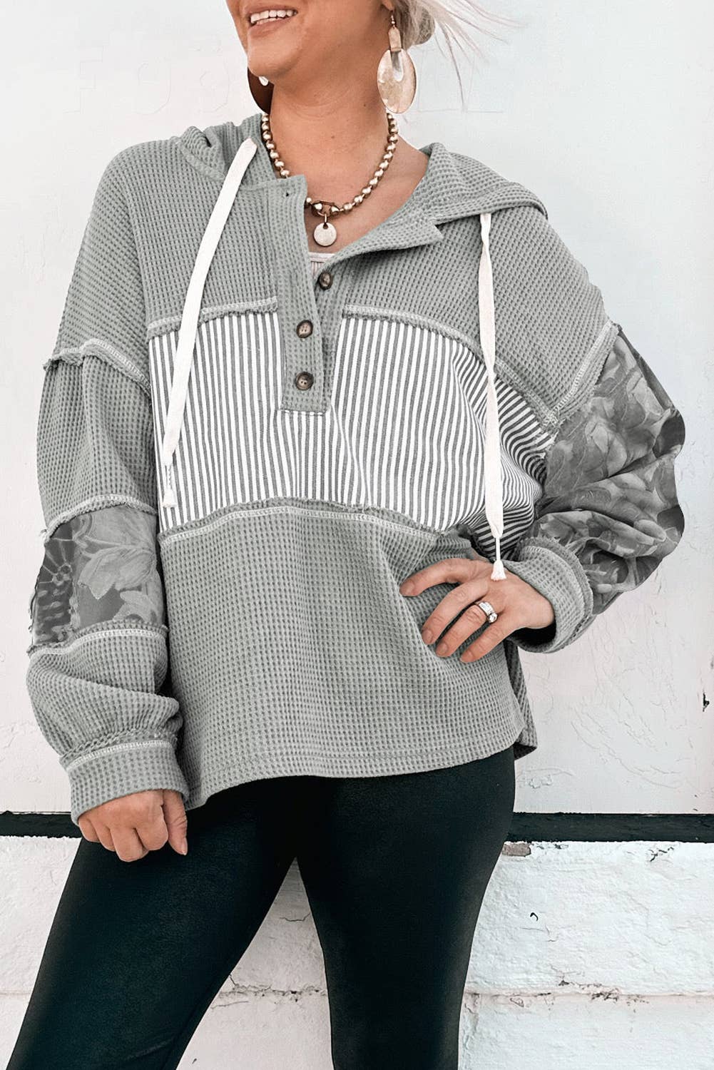 Waffle Patchwork Hooded Top - Gray