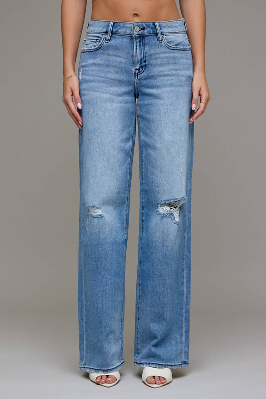 Medium Wash Mid Rise Distressed 33" Inseam Dad Jean