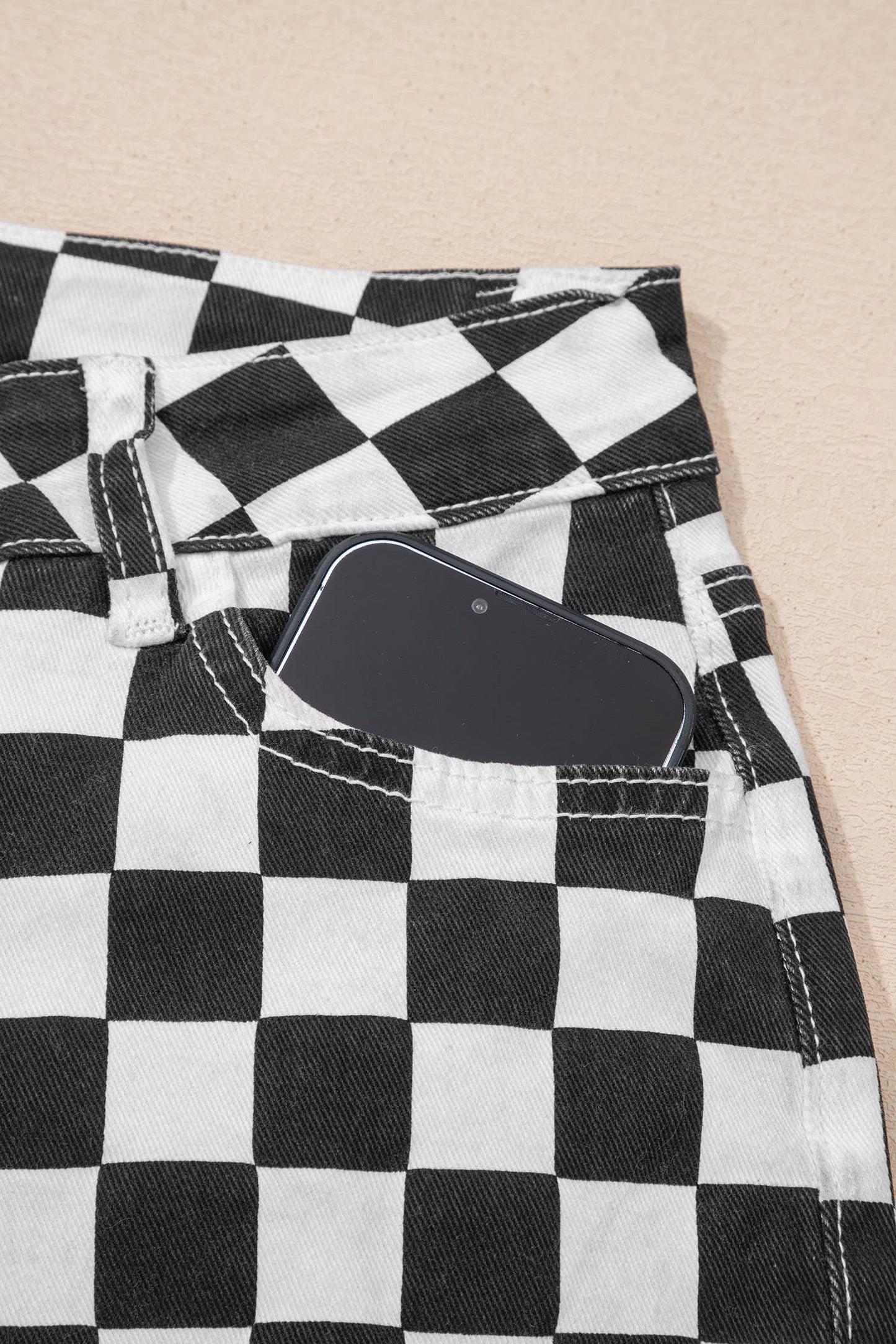Checker Distressed Raw Edge Cropped Jeans