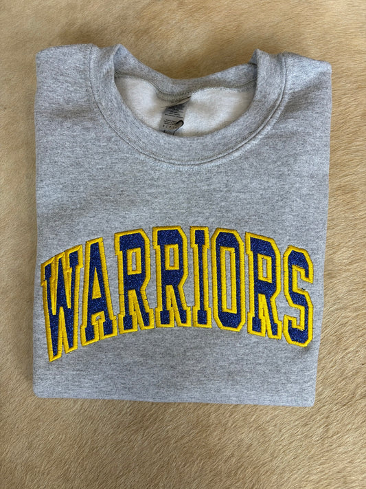 WARRIORS blue Glitter Embroidered Crewneck