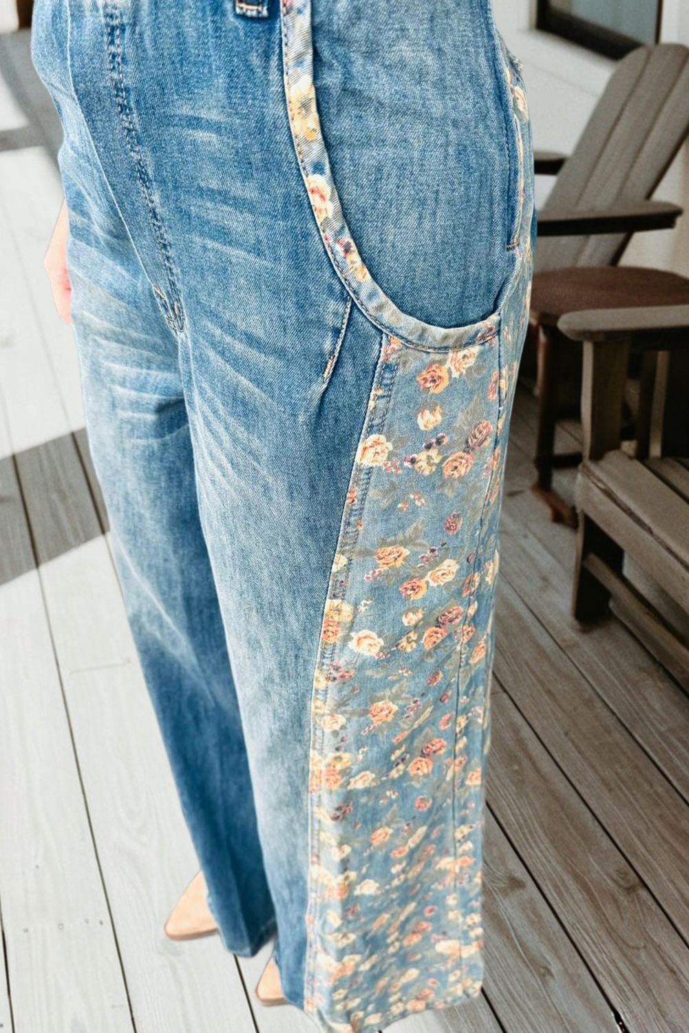 Floral Patchwork Denim Wide Leg Overalls