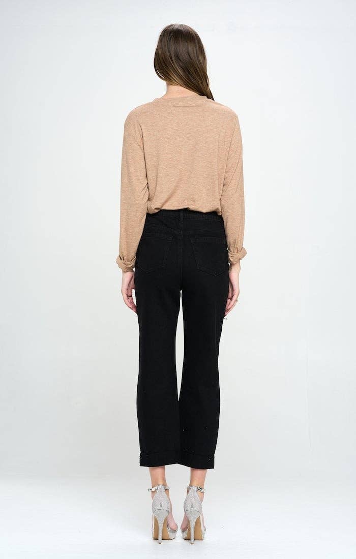 HIGH RISE RIPPED BOYFRIEND JEANS: BLACK