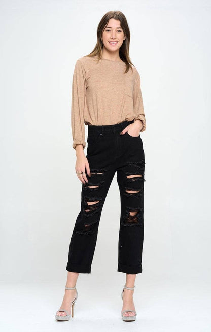 HIGH RISE RIPPED BOYFRIEND JEANS: BLACK